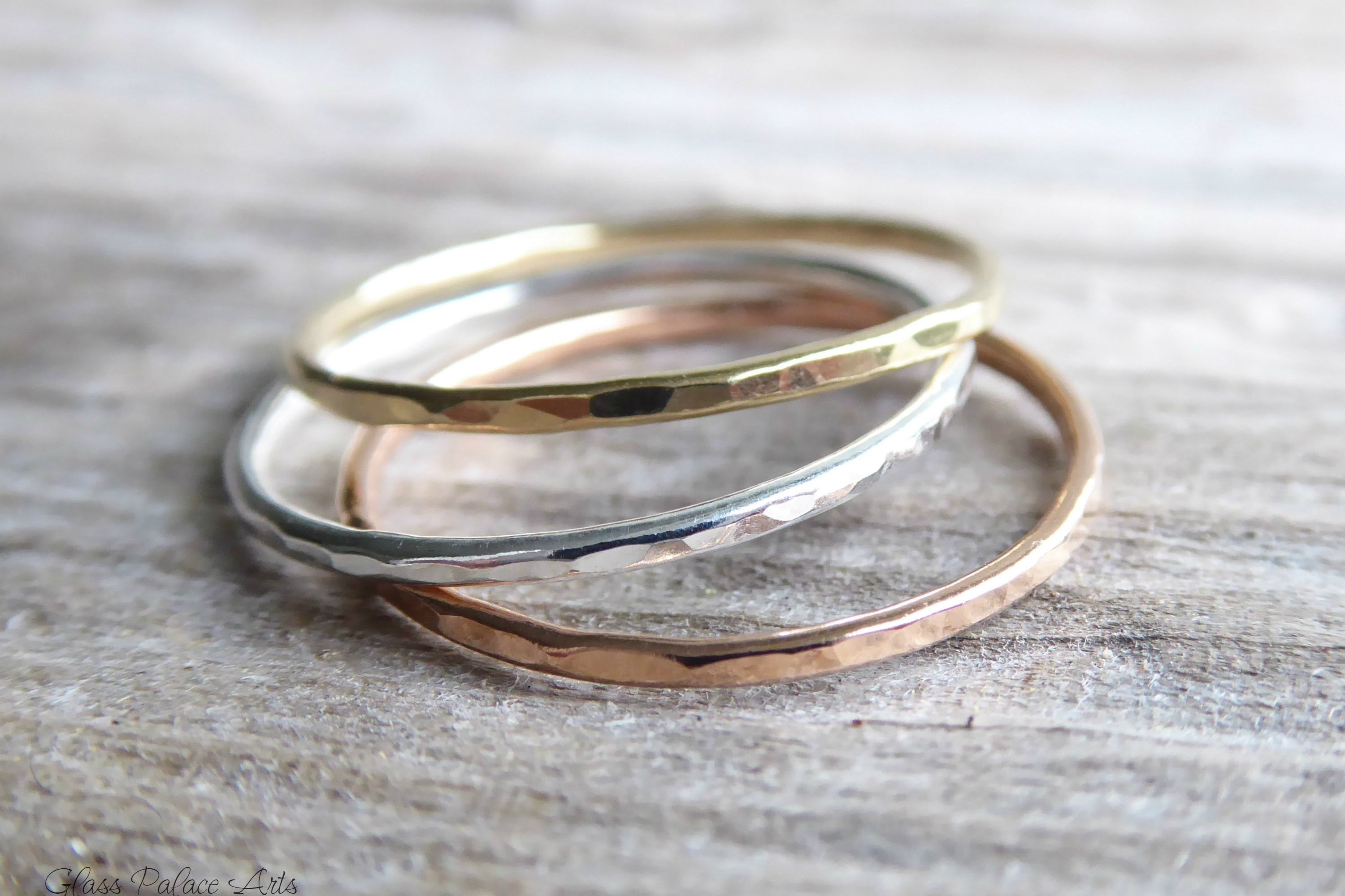 Hammered Stacking Rings Trio - Thin 1mm Bands In Silver, 14k Gold Fill, or Rose Gold Fill