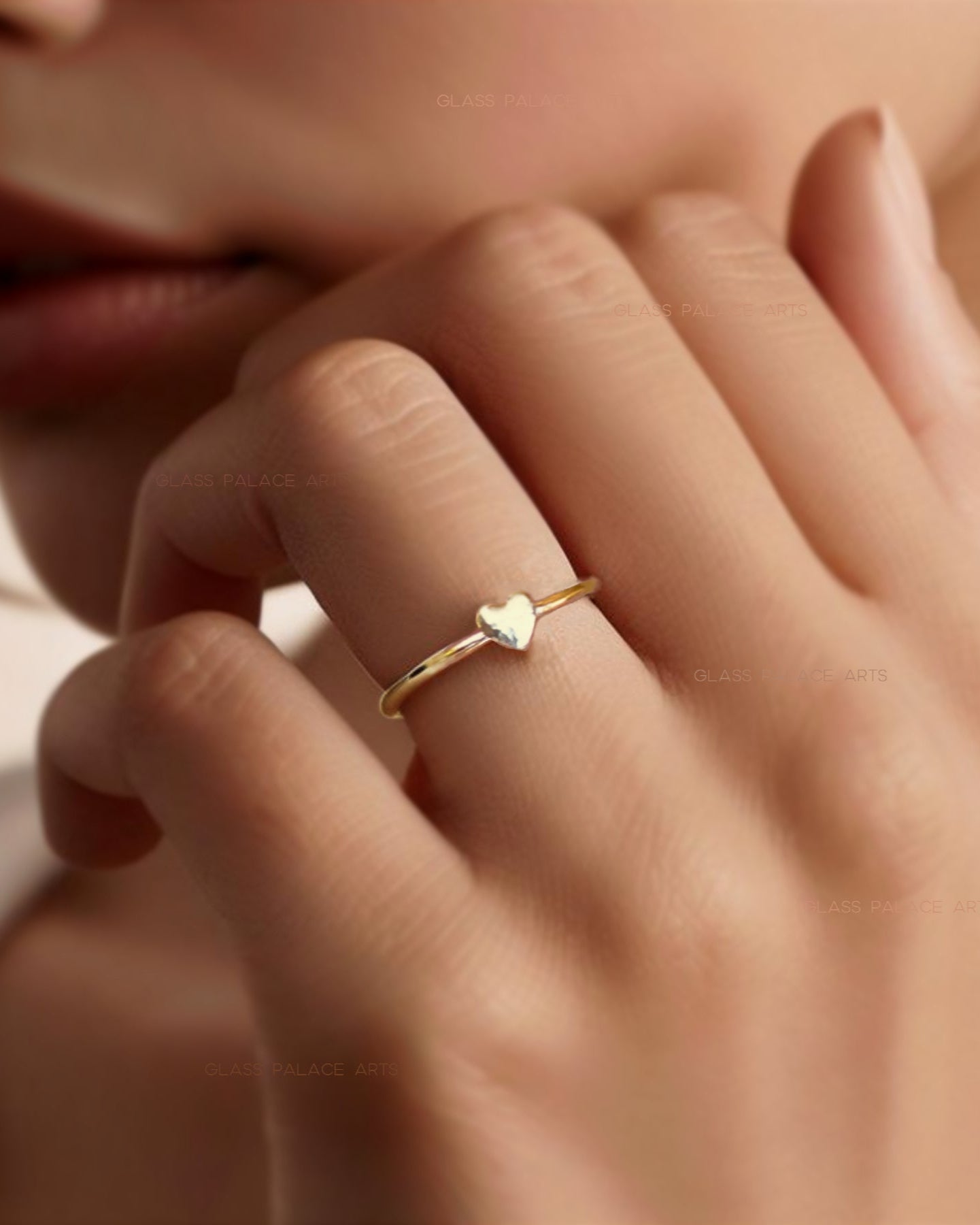 Tiny Heart Ring For Women Gold - Dainty Minimalist Hammered Stacking Ring