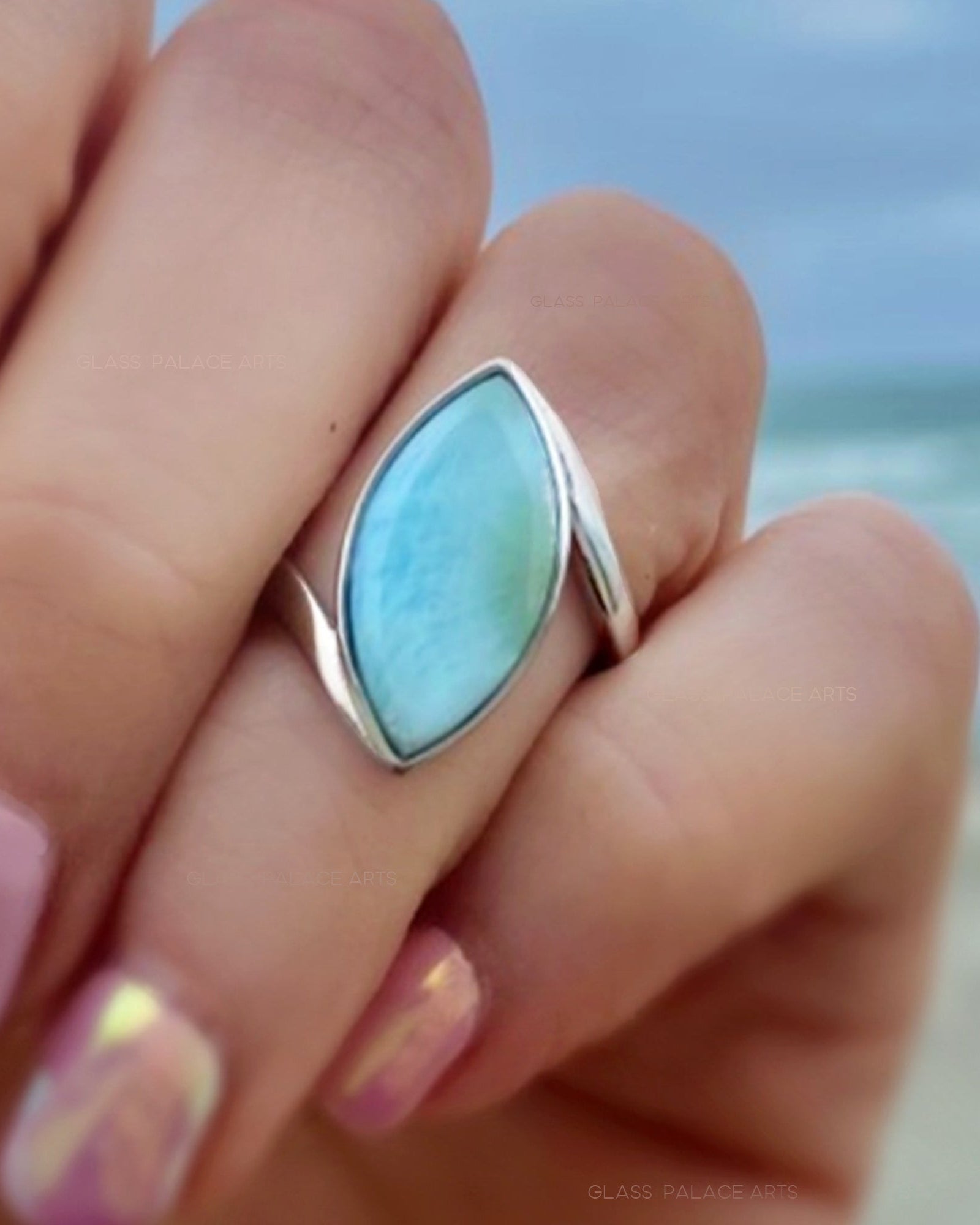 Natural Larimar Ring For Women Marquise Cut - Hammered 925 Sterling Silver Band