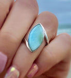 Natural Larimar Ring For Women Marquise Cut - Hammered 925 Sterling Silver Band