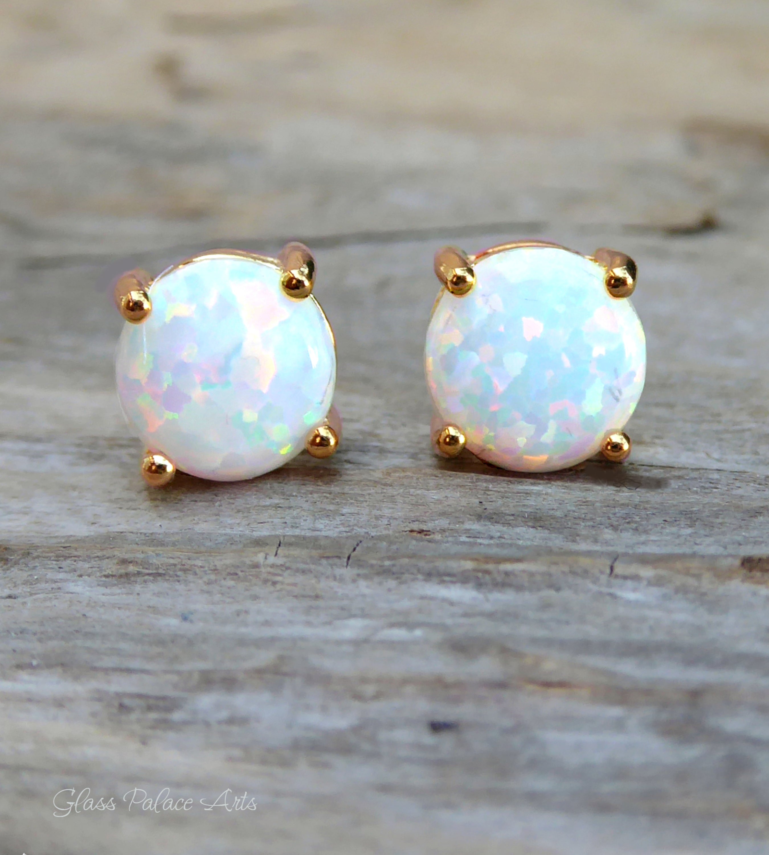 White Fire Opal Stud Earrings For Women