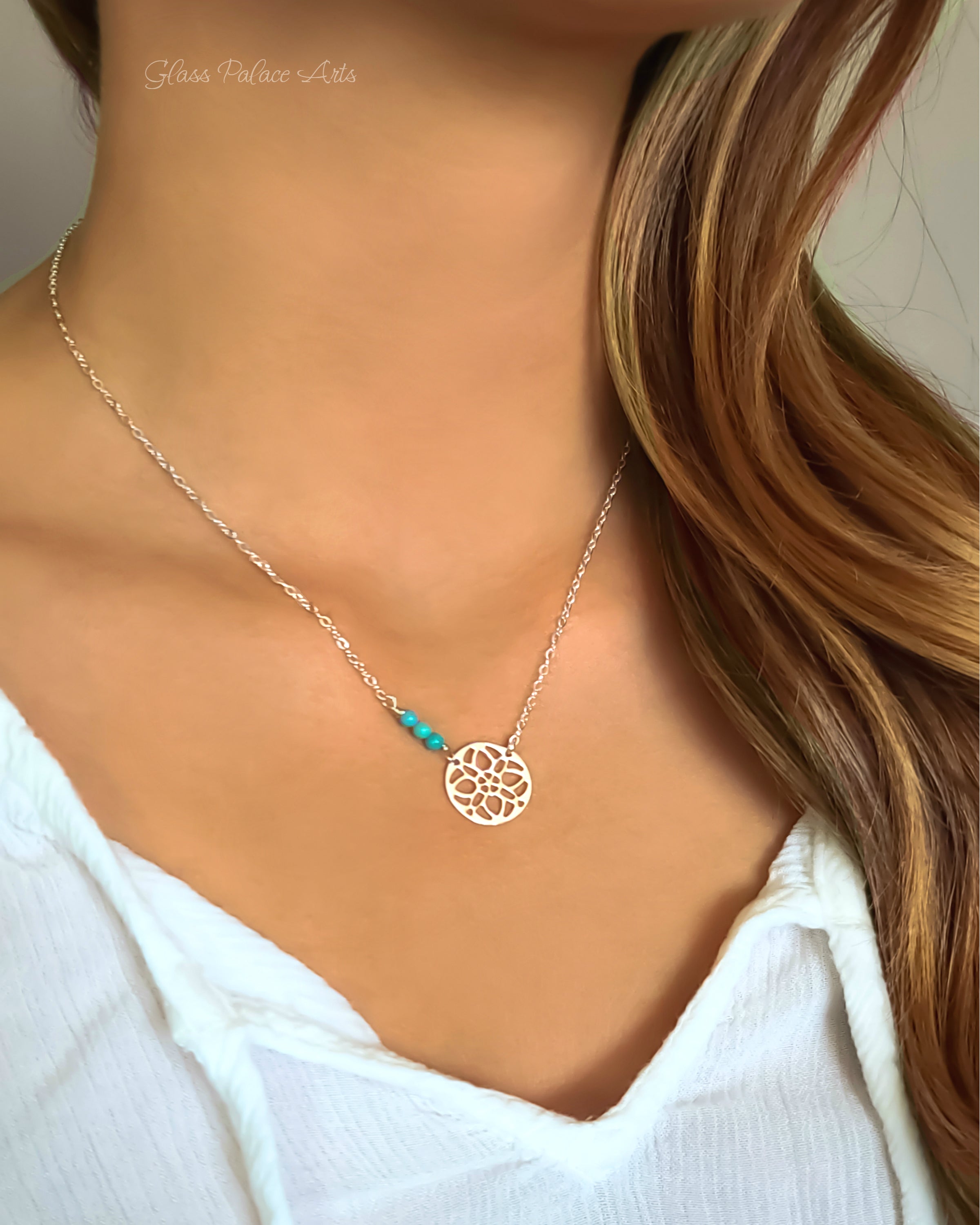 Beaded Turquoise Necklace With Sterling Silver Filigree Medallion