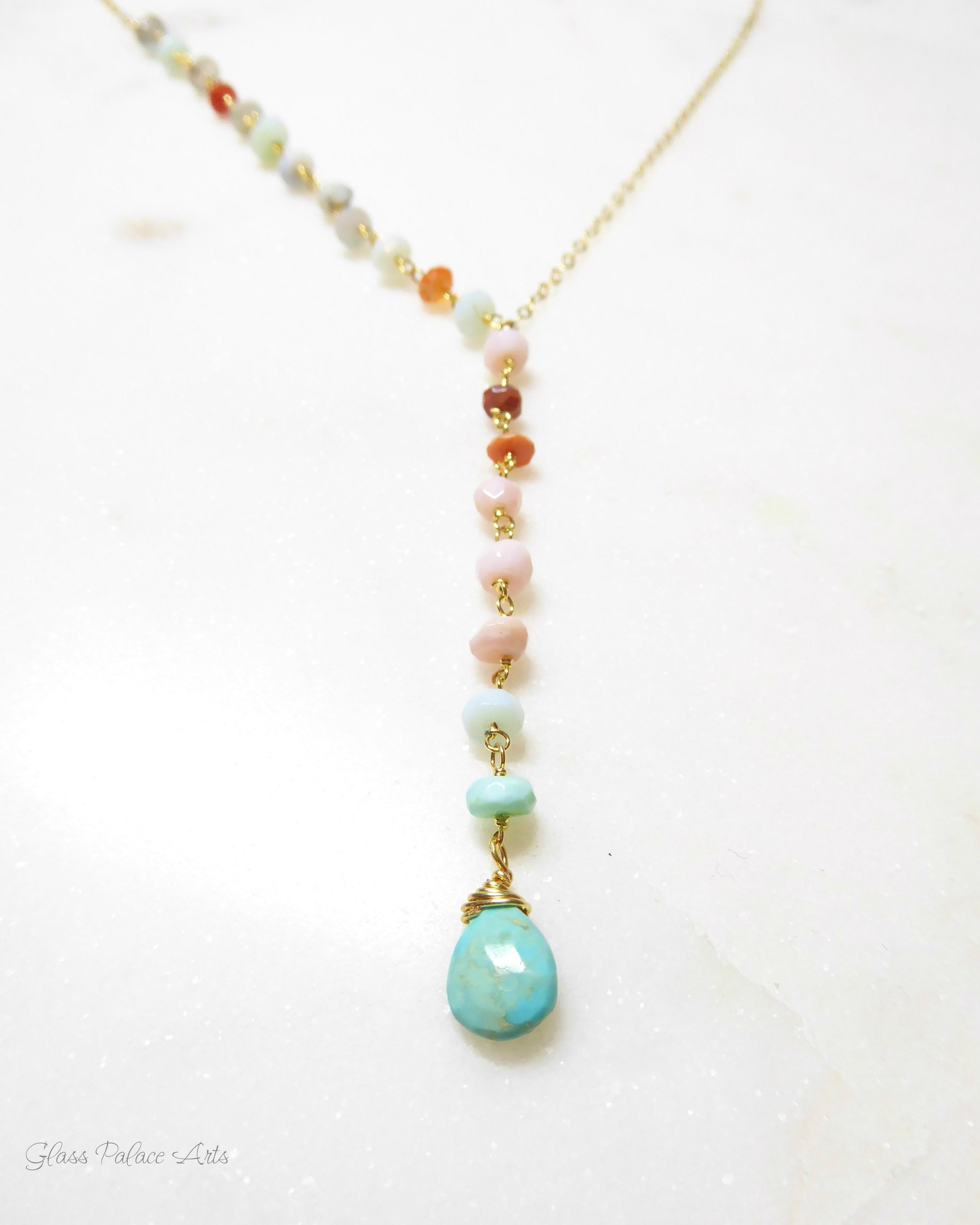 Peruvian Opal And Turquoise Lariat Gemstone Necklace For Women