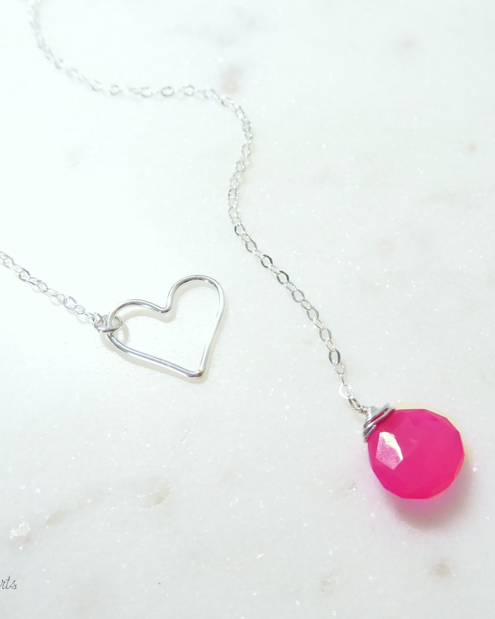 Heart Lariat Necklace With Hot Pink Chalcedony Gemstone - Clasp less Necklace