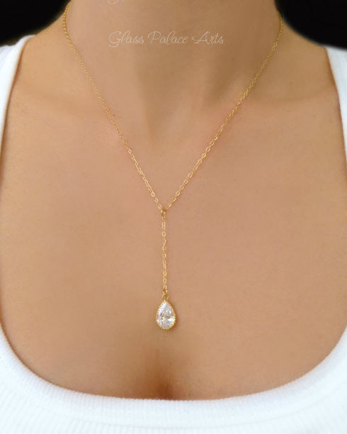 Cubic Zirconia Crystal Teardrop Pendant Y Necklace For Women