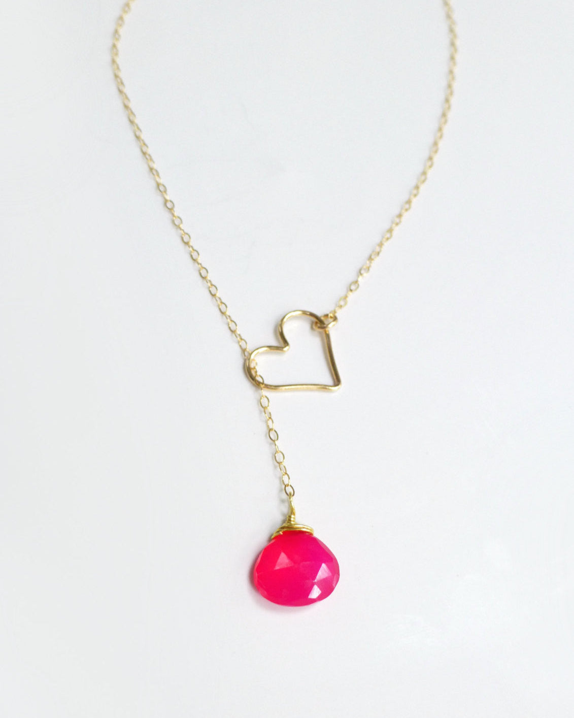 Heart Lariat Necklace With Hot Pink Chalcedony Gemstone - Clasp less Necklace