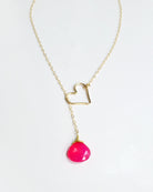 Heart Lariat Necklace With Hot Pink Chalcedony Gemstone - Clasp less Necklace