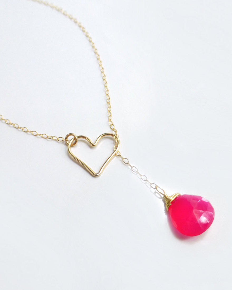 Heart Lariat Necklace With Hot Pink Chalcedony Gemstone - Clasp less Necklace