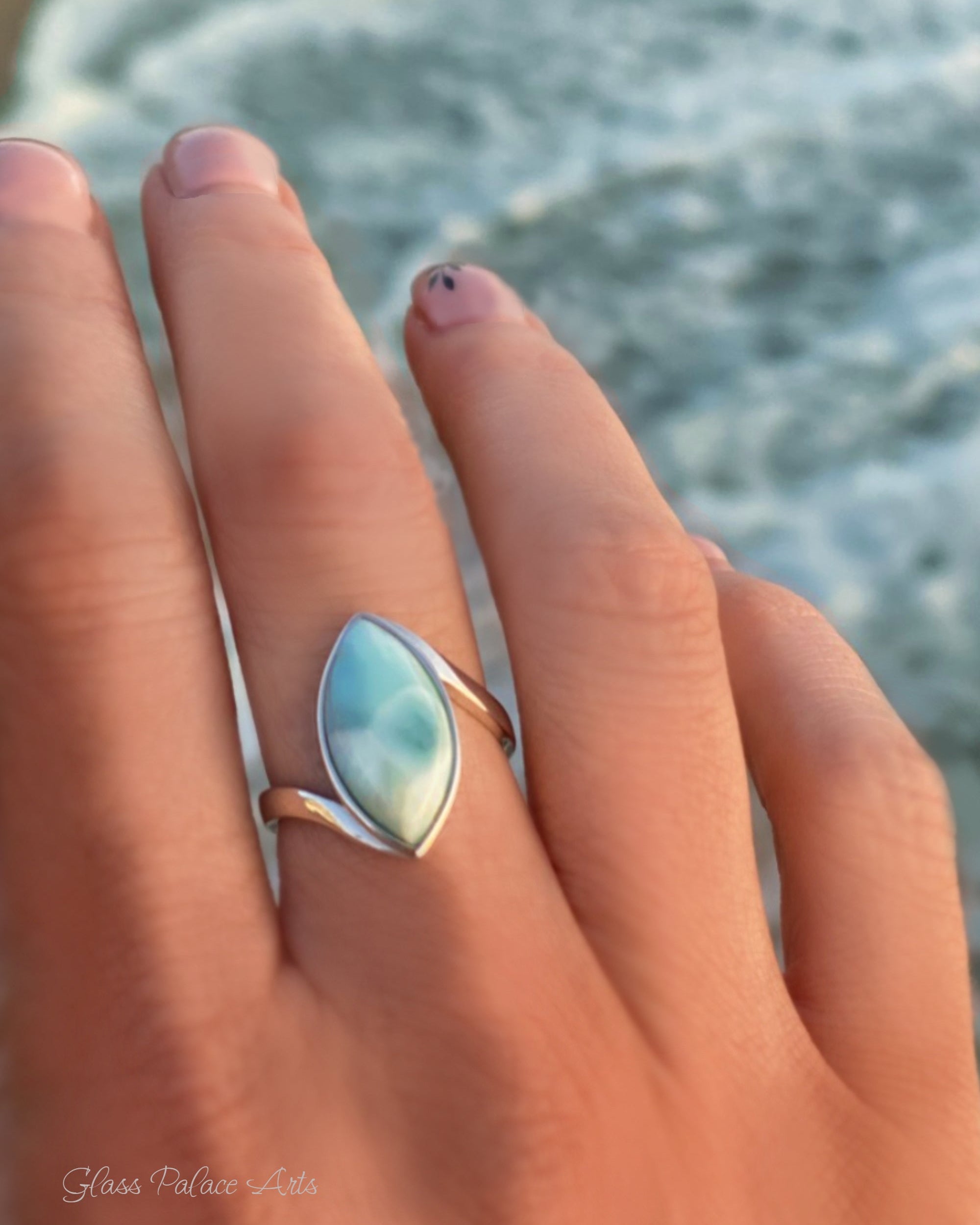 Natural Larimar Ring For Women Marquise Cut - Hammered 925 Sterling Silver Band