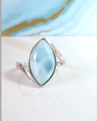 Natural Larimar Ring For Women Marquise Cut - Hammered 925 Sterling Silver Band