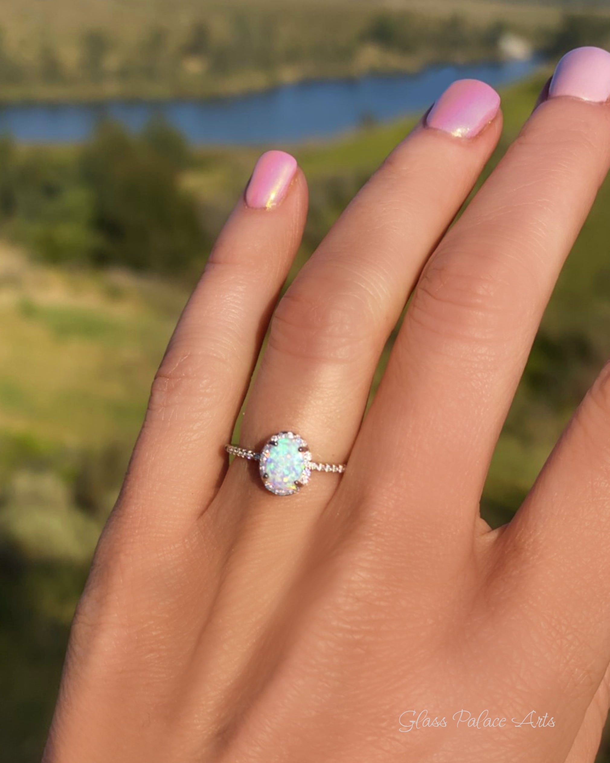 Sterling Silver White Opal Ring Encrusted with Cubic Zirconia