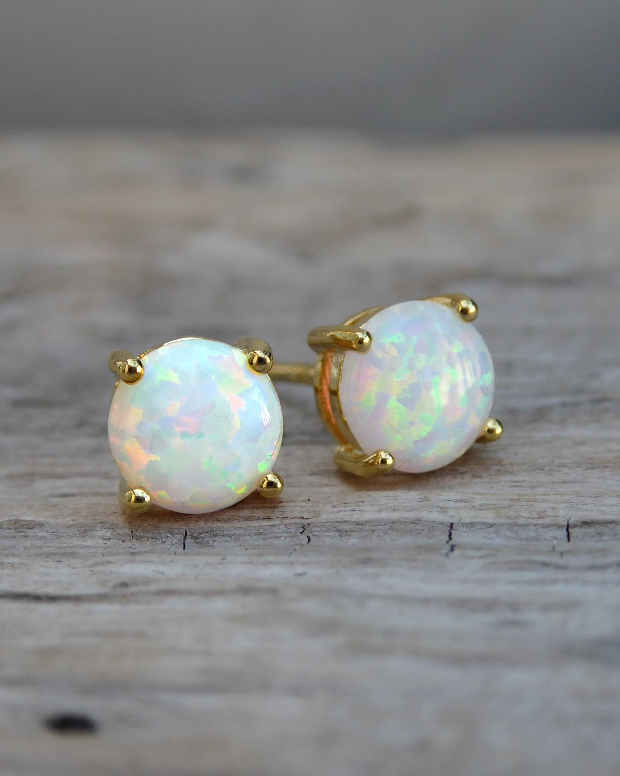 White Fire Opal Stud Earrings For Women