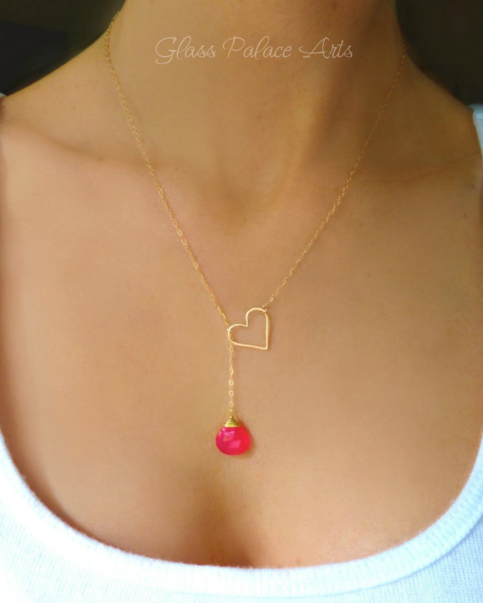 Heart Lariat Necklace With Hot Pink Chalcedony Gemstone - Clasp less Necklace